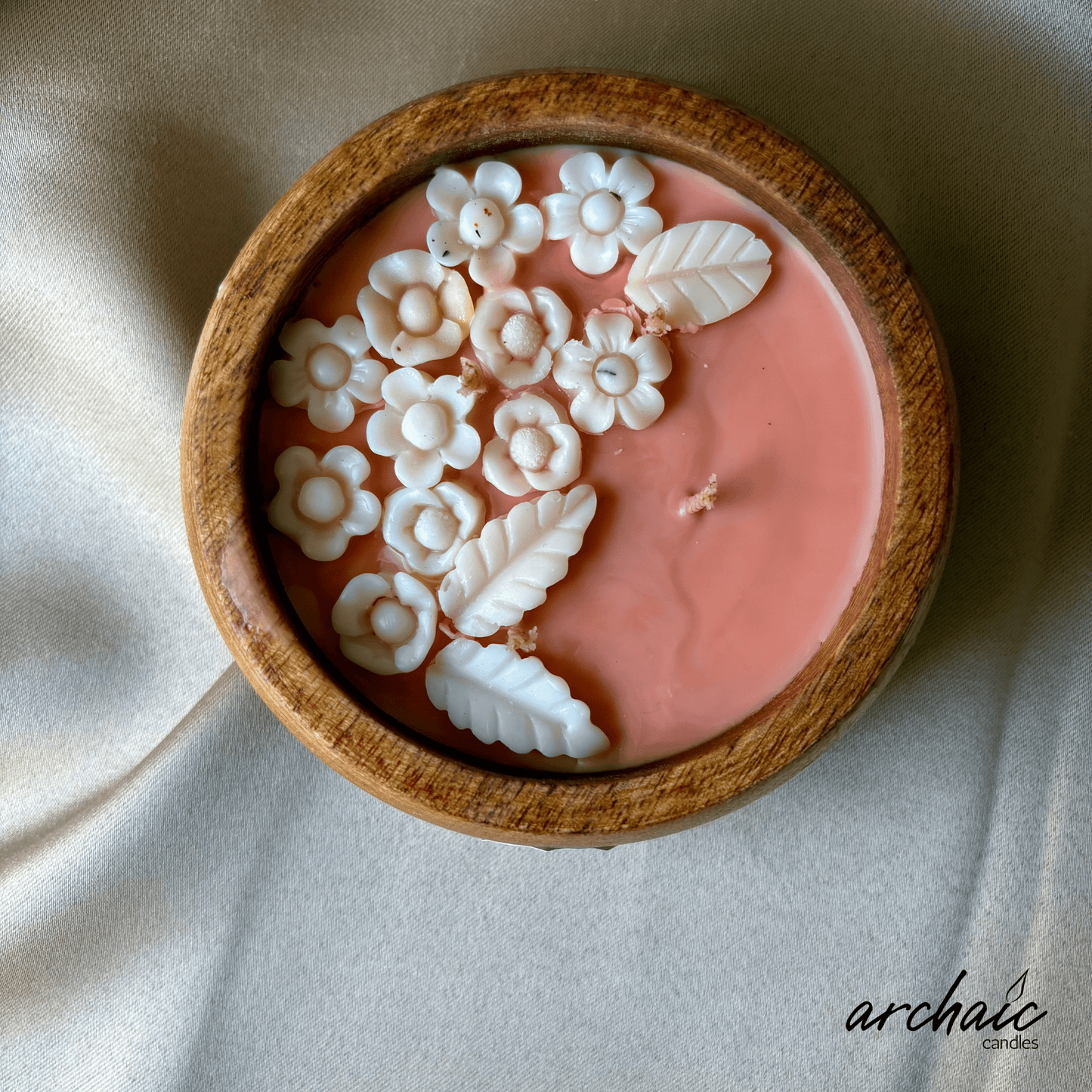 Wooden Peach Bowl White flower candle |Peach Blossom Glow| Pure soy wax candles