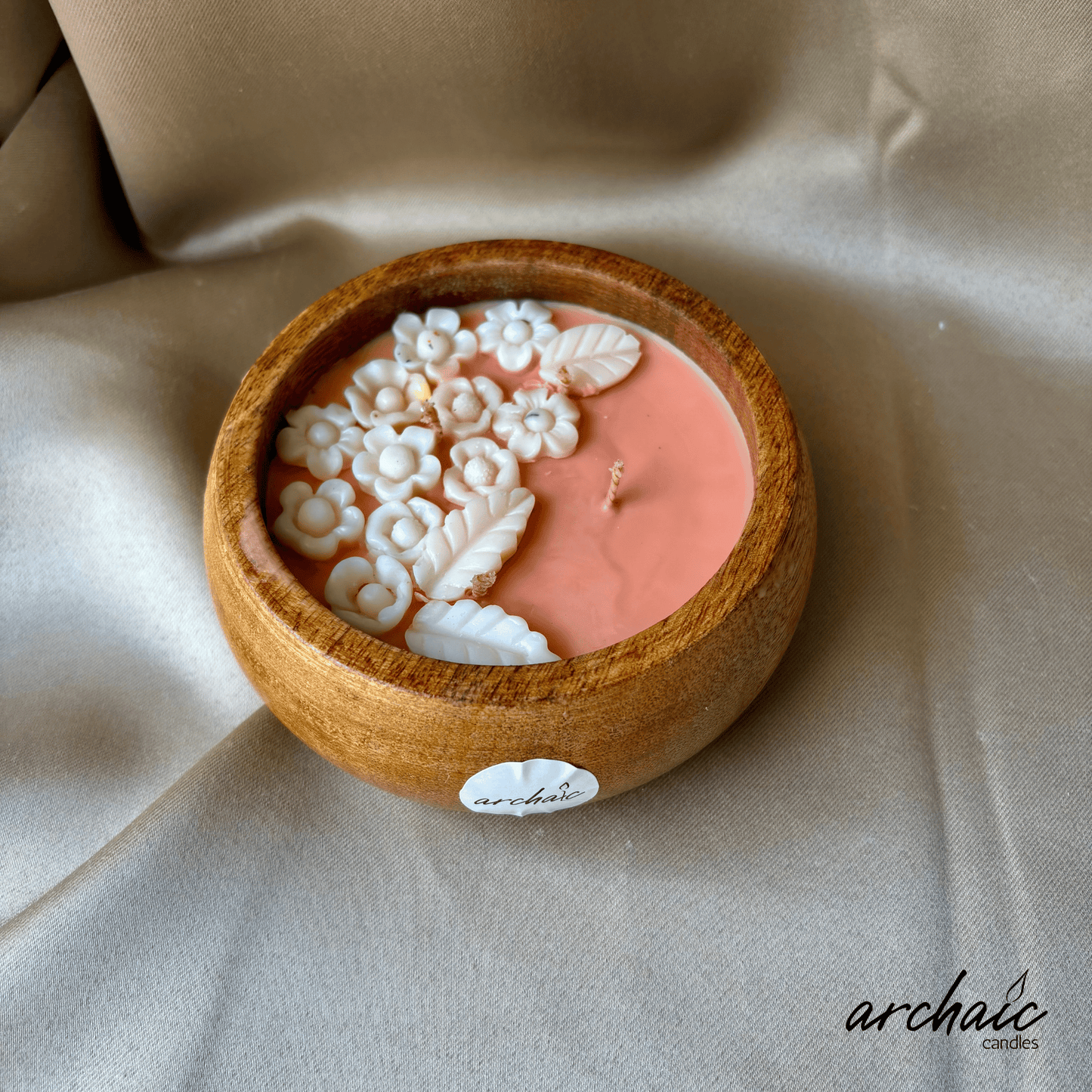 Wooden Peach Bowl White flower candle |Peach Blossom Glow| Pure soy wax candles