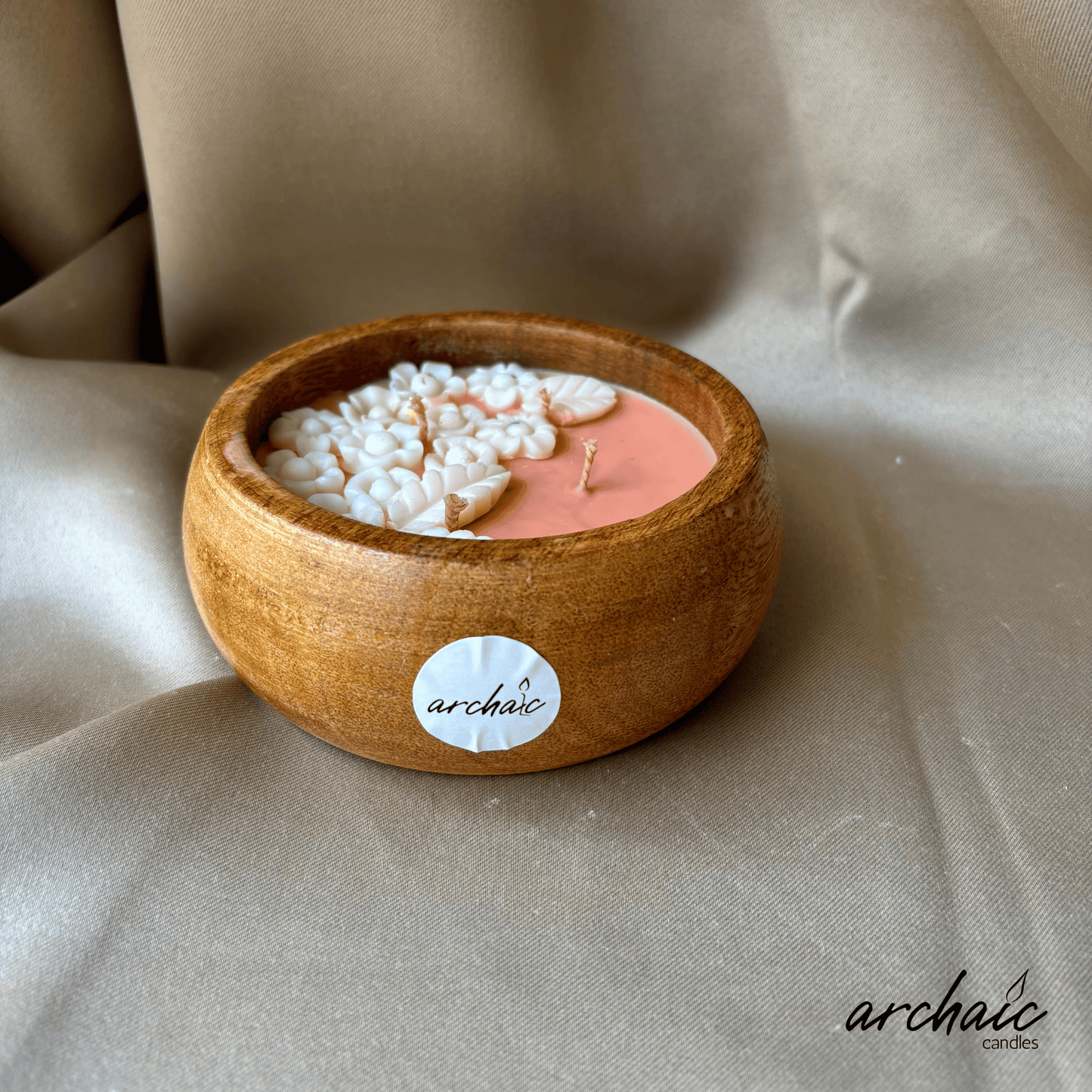 Wooden Peach Bowl White flower candle |Peach Blossom Glow| Pure soy wax candles