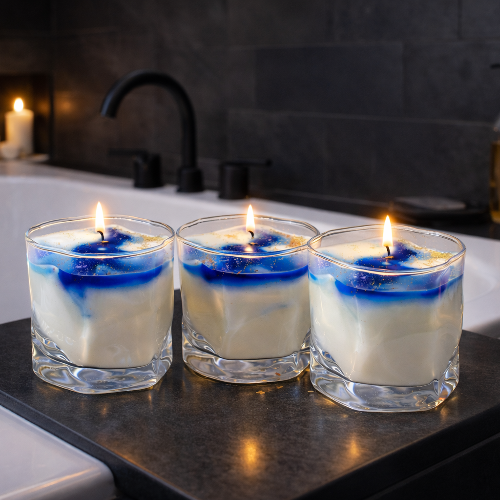 Azure Drift blue accented soy wax candle in wabi-sabi glass tumbler Bathroom