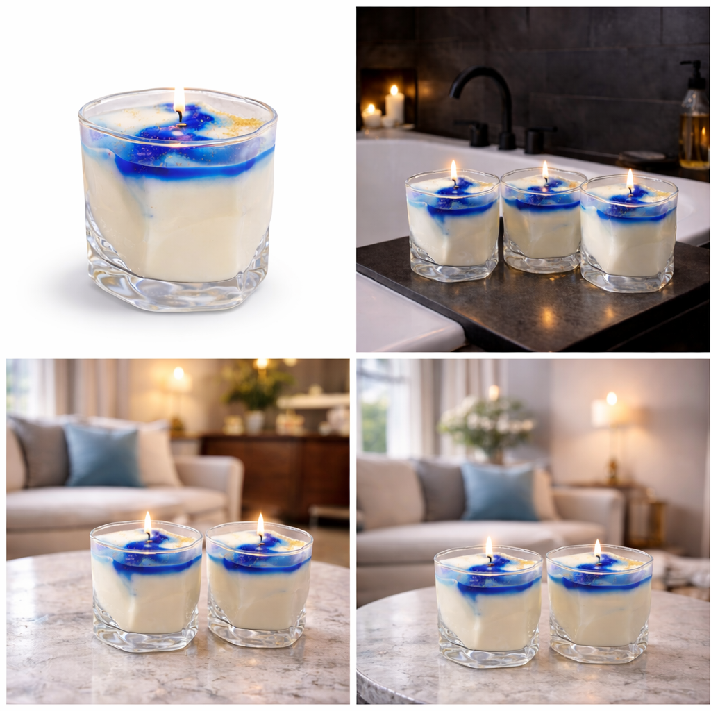 Azure Drift blue accented soy wax candle in wabi-sabi glass tumbler collage