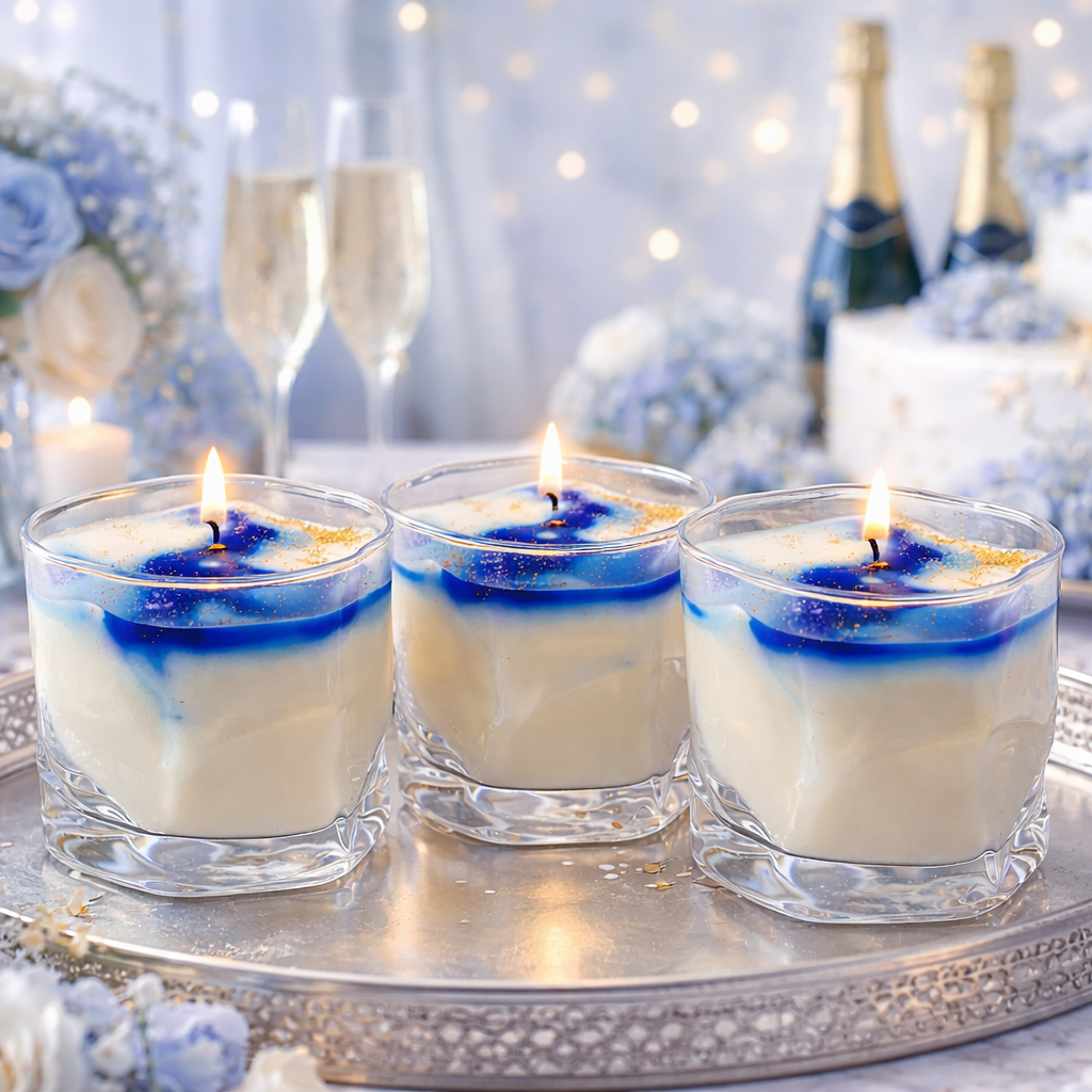 Azure Drift blue accented soy wax candle in wabi-sabi glass tumbler decor