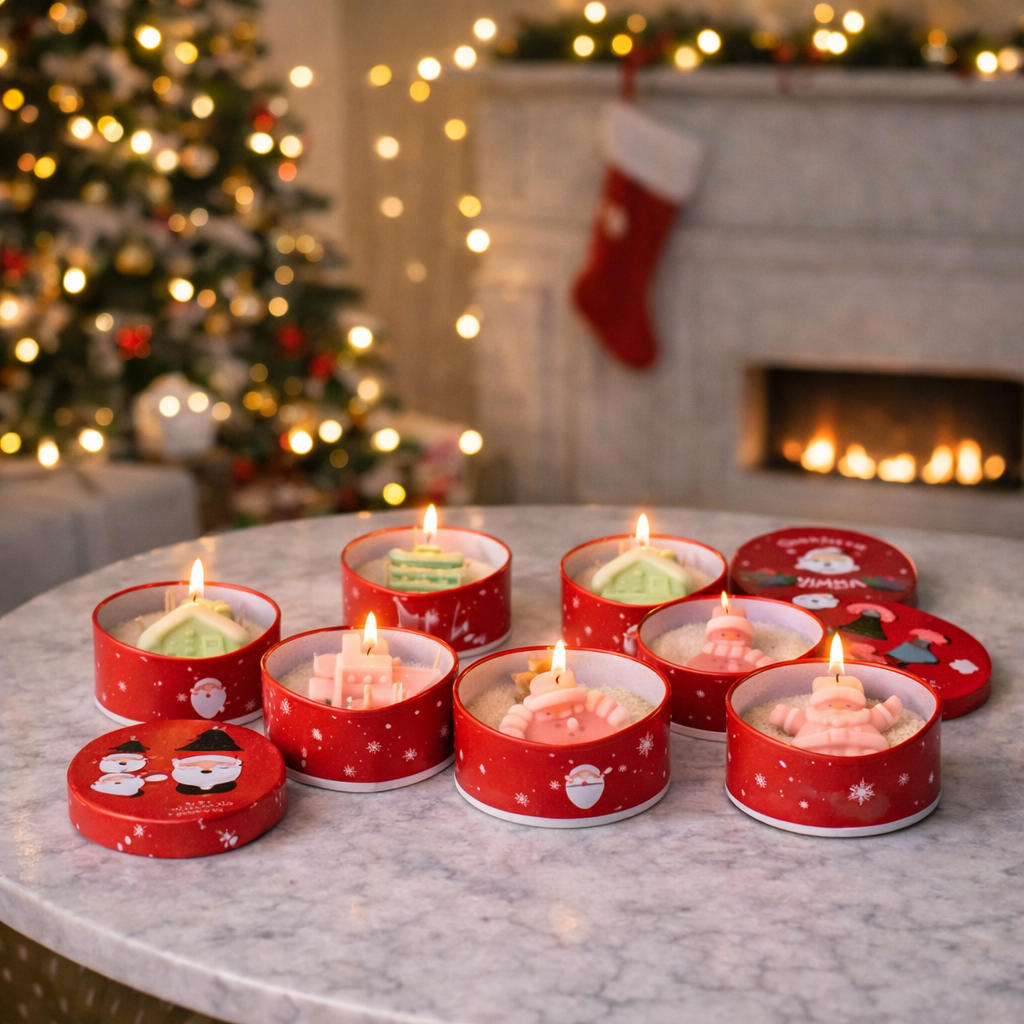Christmas tin soy wax candles with festive holiday shapes