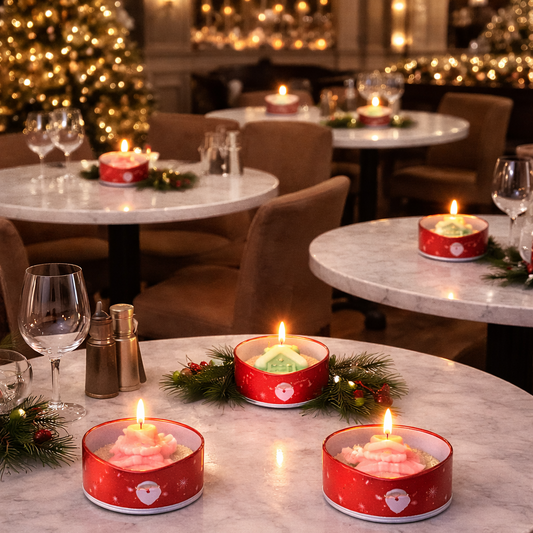 Christmas tin soy wax candles with festive holiday shapes rastaurant