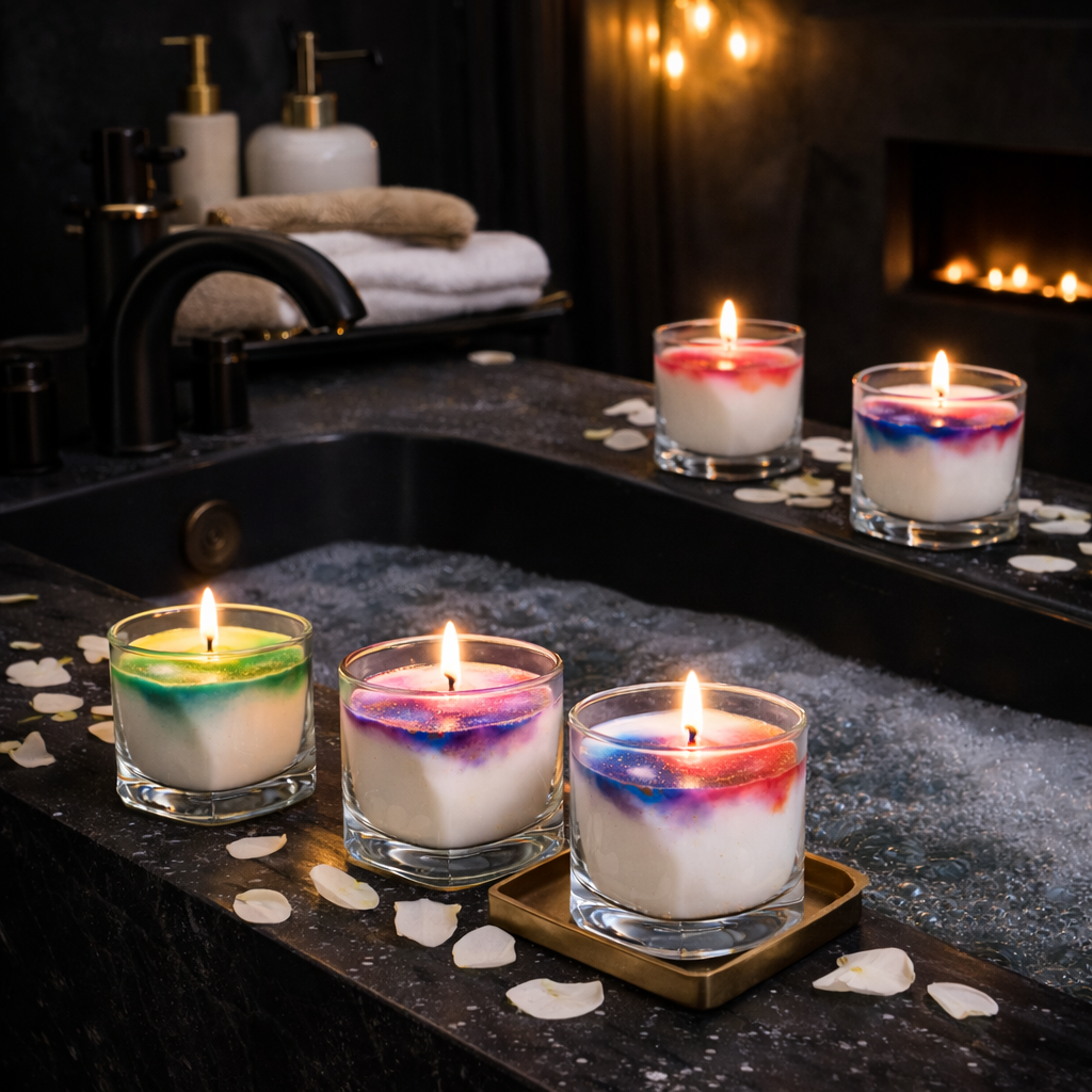 Chromatic Flow multicolor soy wax candle in wabi-sabi glass tumbler bathroom