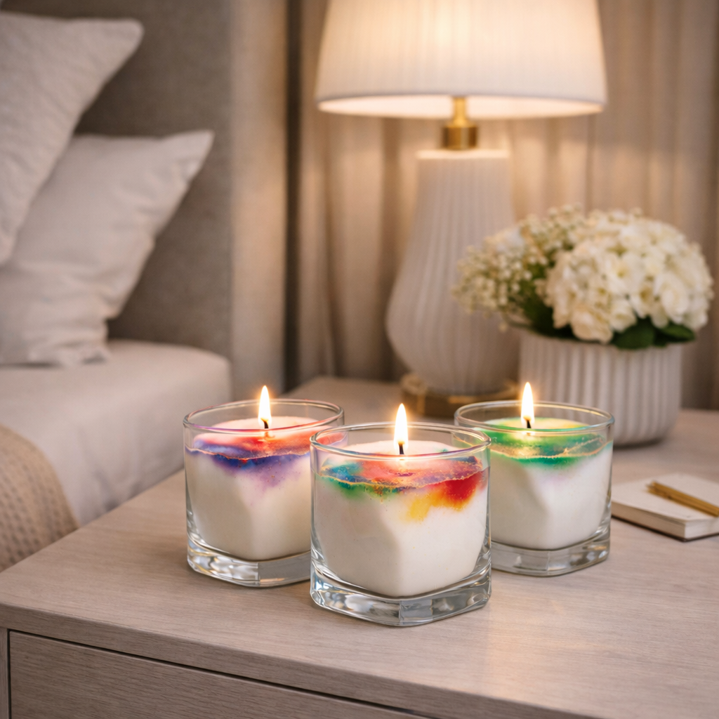 Chromatic Flow multicolor soy wax candle in wabi-sabi glass tumbler bedroom