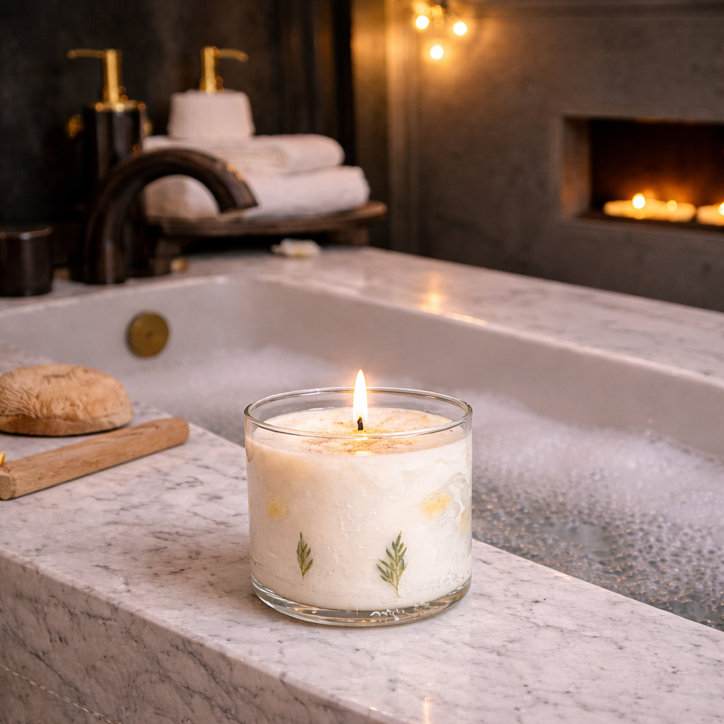 Herb Whisper botanical glass soy and gel candle with dried green leaves Bathroom