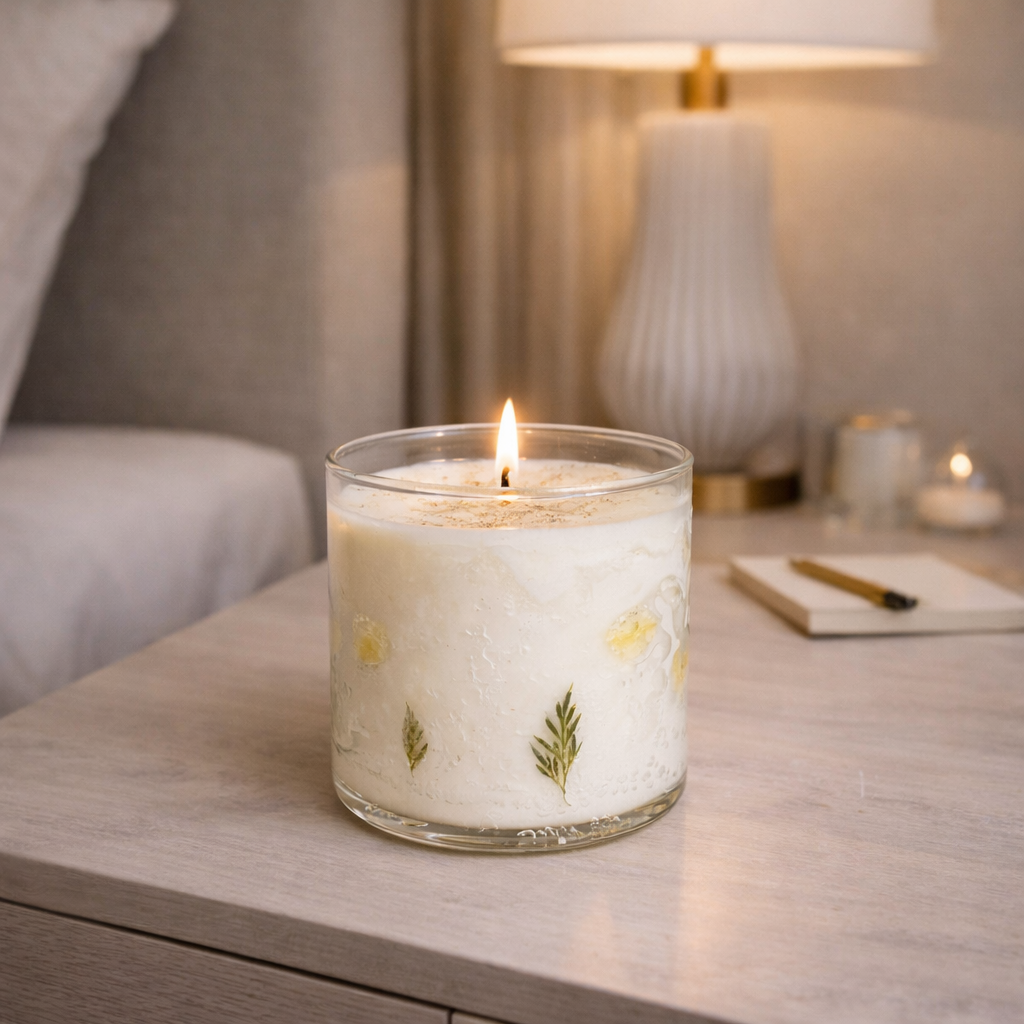 Herb Whisper botanical glass soy and gel candle with dried green leaves bedroom