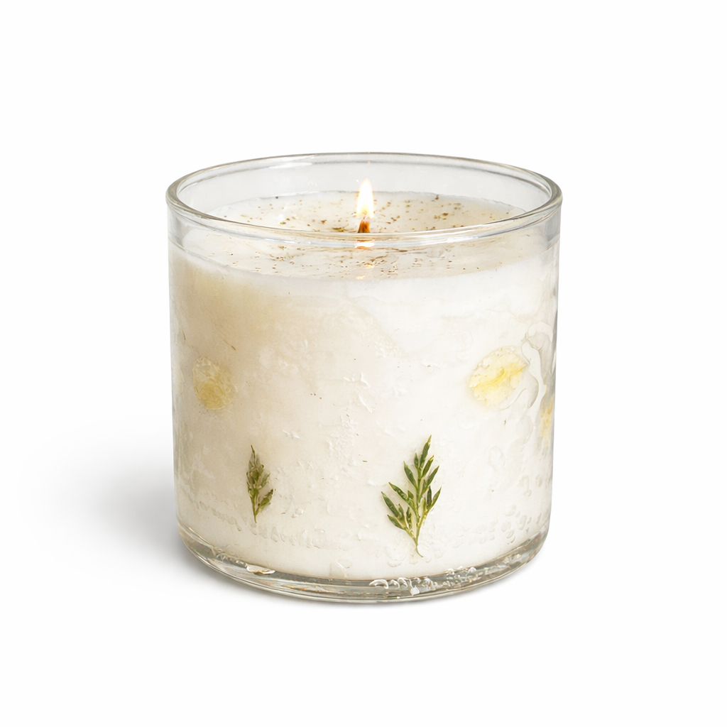 Herb Whisper botanical glass soy and gel candle with dried green leaves plain
