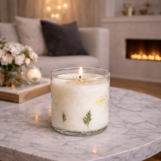 Herb Whisper botanical glass soy and gel candle with dried green leaves sofa