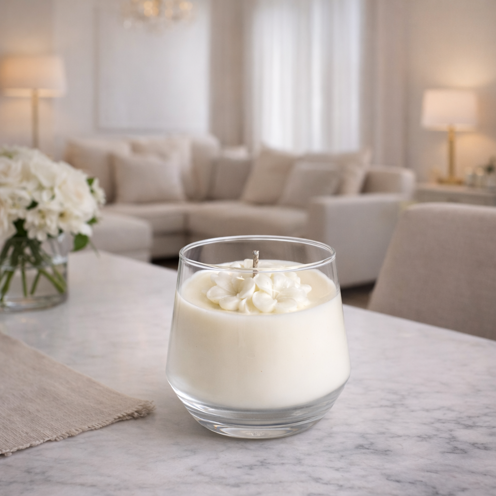 Ivory Bloom white flower soy wax candle in clear glass tumbler Living 