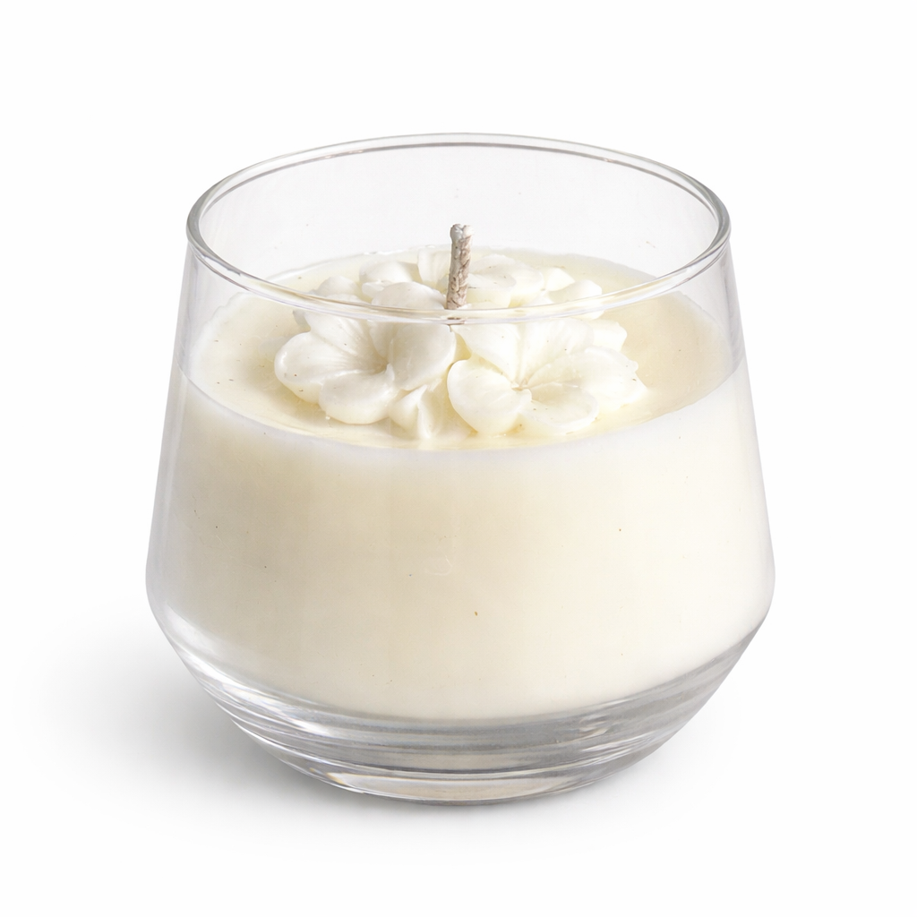 Ivory Bloom white flower soy wax candle in clear glass tumbler plain