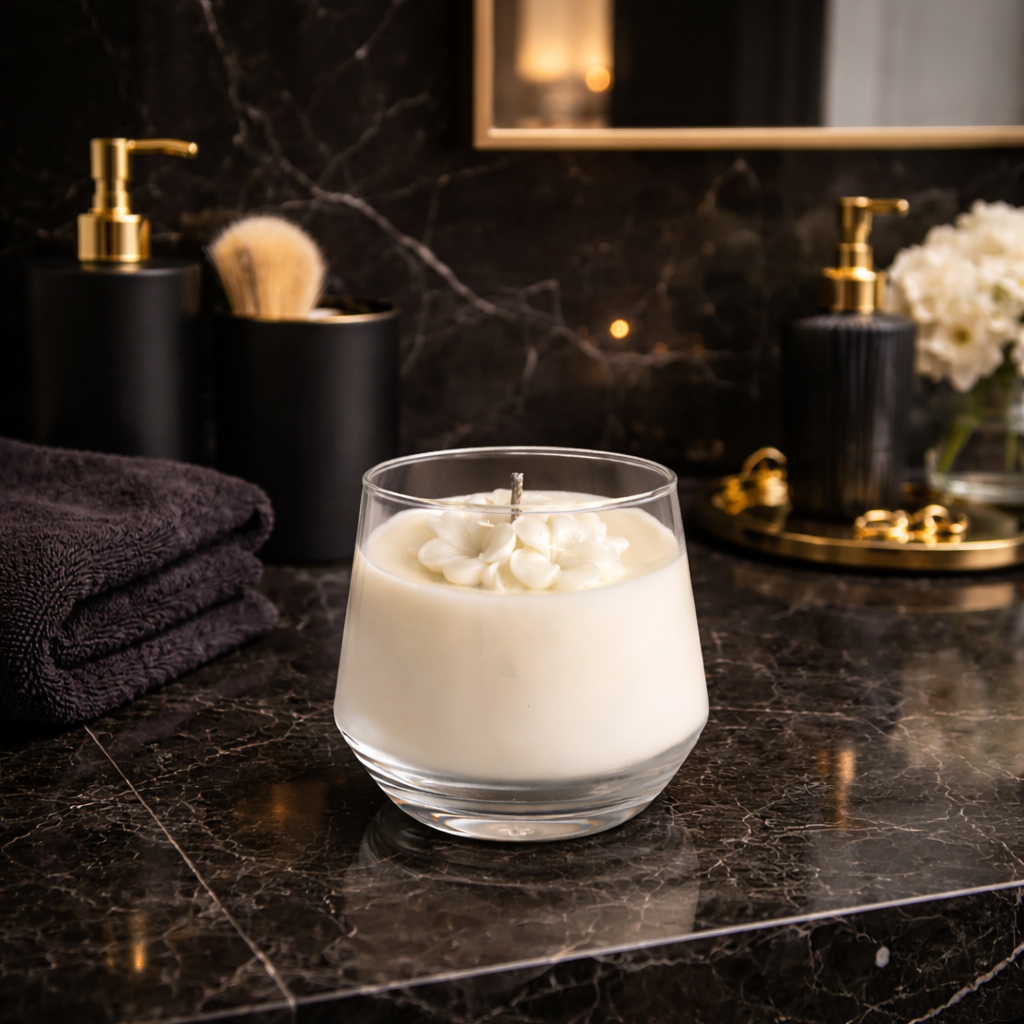 Ivory Bloom white flower soy wax candle in clear glass tumbler bathroom