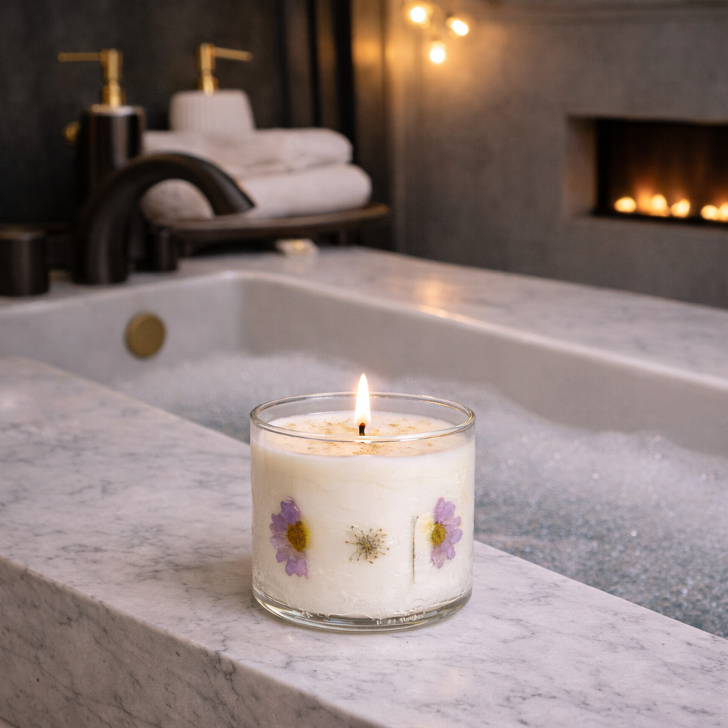 Petal Glow botanical glass soy and gel candle with dried flowers bathroom