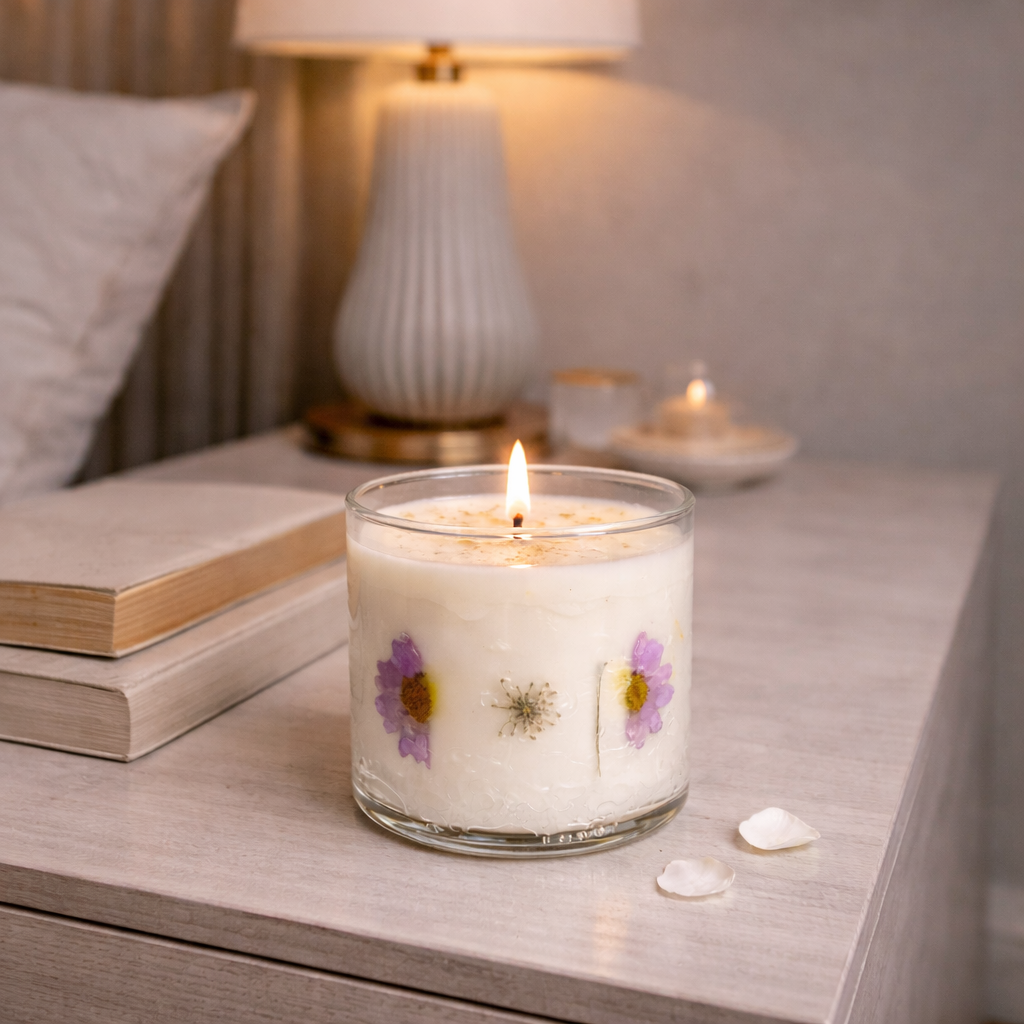 Petal Glow botanical glass soy and gel candle with dried flowers bedroom