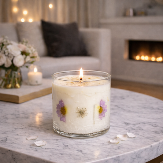 Petal Glow botanical glass soy and gel candle with dried flowers living