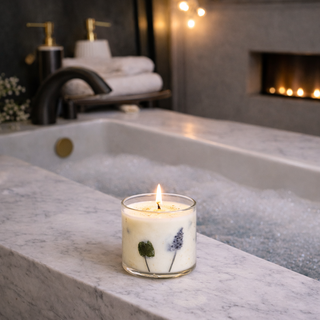 Violet Whisper botanical glass soy and gel candle with dried purple flowers bathroom