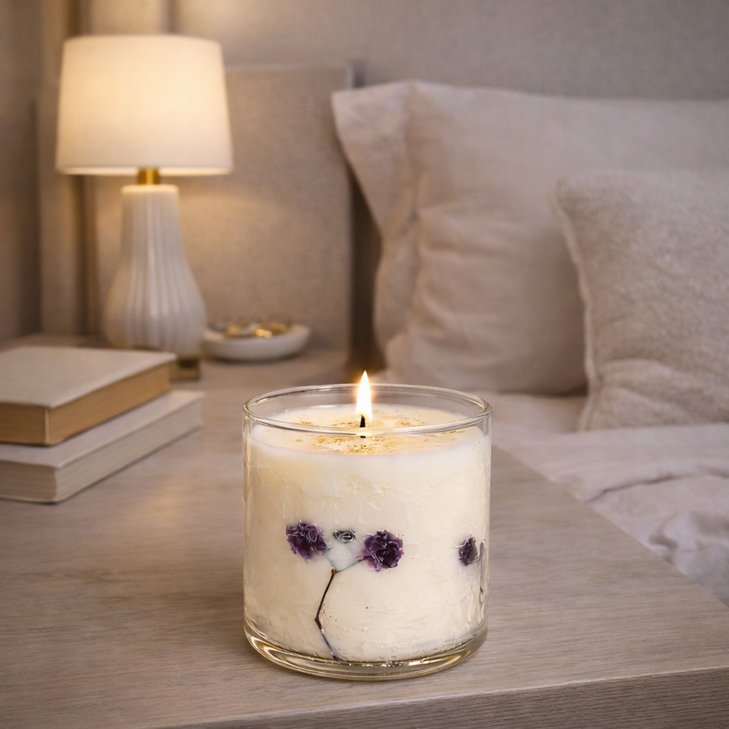 Violet Whisper botanical glass soy and gel candle with dried purple flowers bedroom