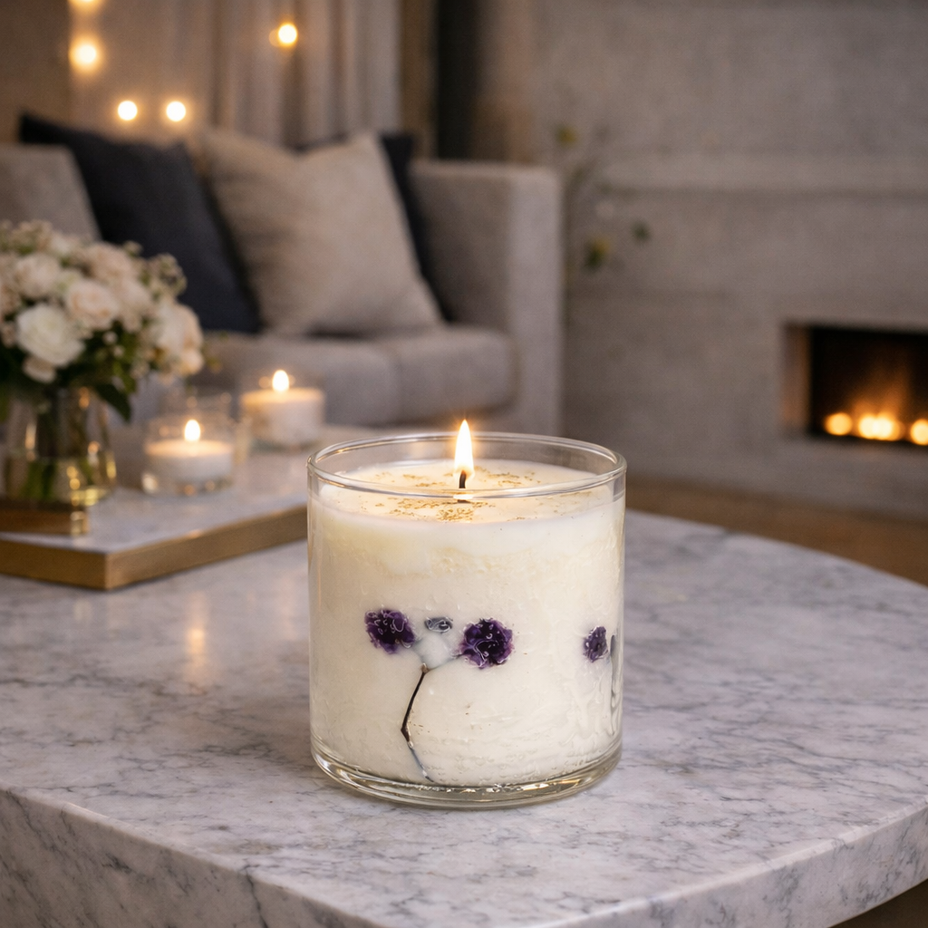 Violet Whisper botanical glass soy and gel candle with dried purple flowers sofa