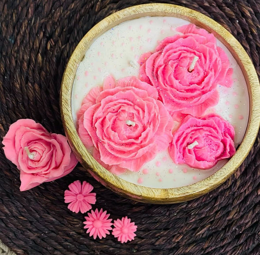 Handmade Rose Flower Soy Wax Candle – Luxury Decorative Scented Candle in Wooden Bowl