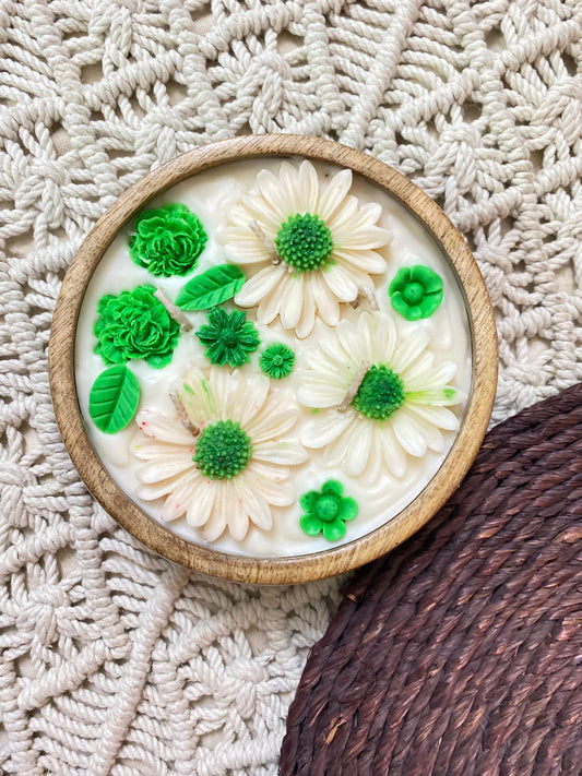 Lemongrass Wooden Bowl Candle – Handcrafted with Pure Soy Wax with Floral Design