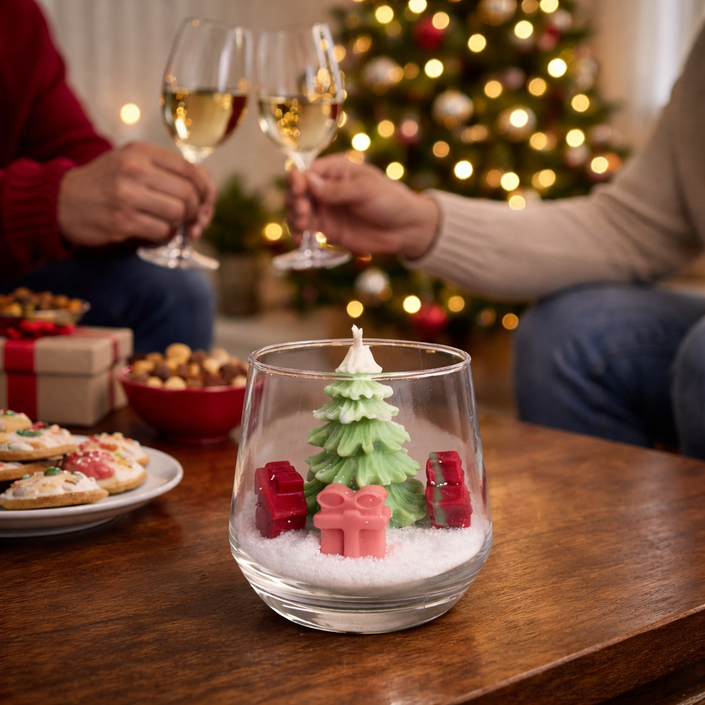 Winter Wonderland Christmas soy wax candle with mini tree inside glass tumbler dinner