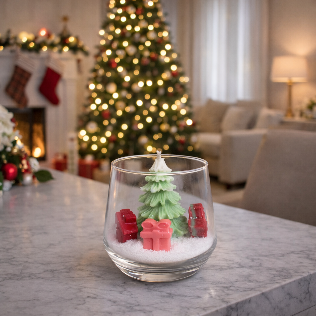 Winter Wonderland Christmas soy wax candle with mini tree inside glass tumbler Living 