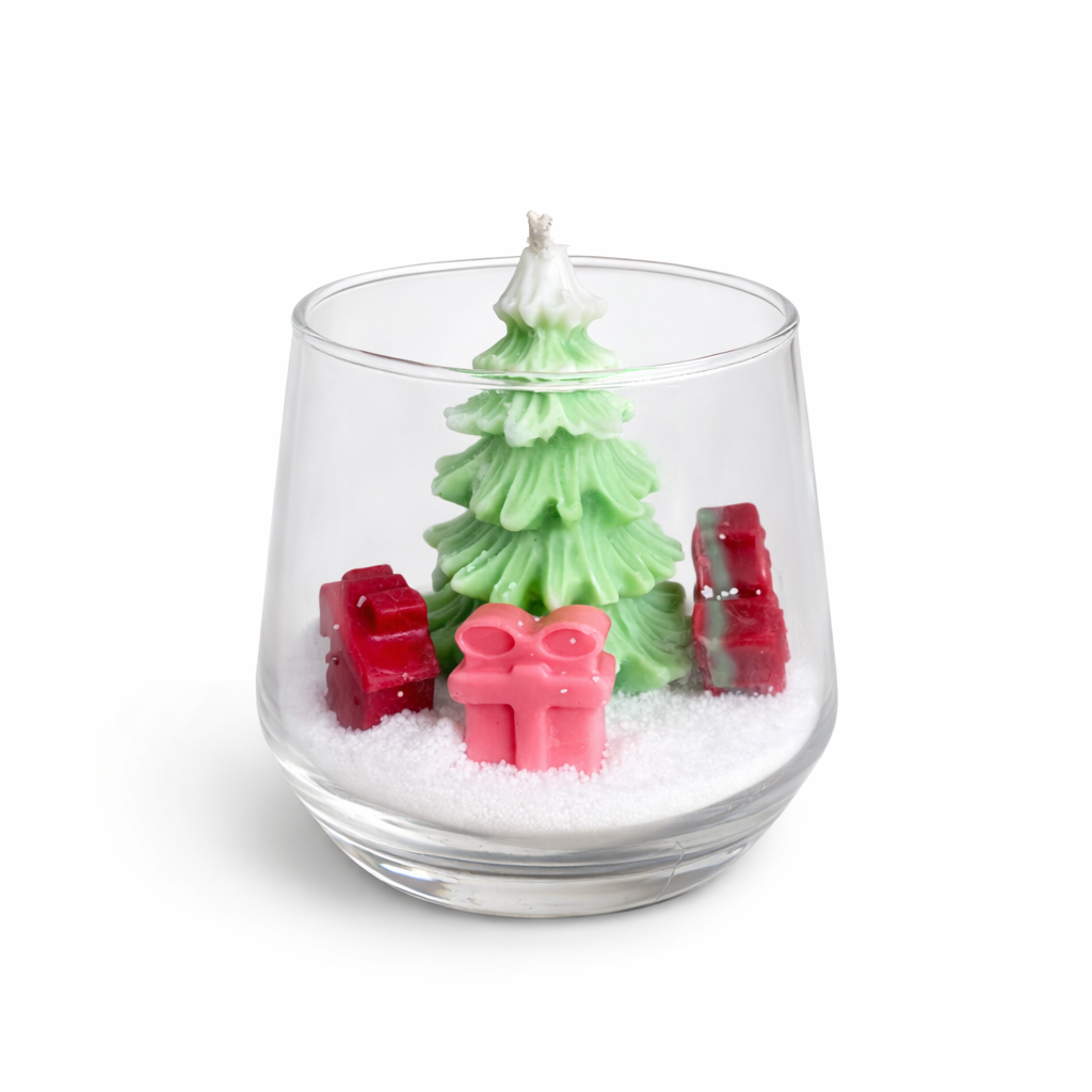 Winter Wonderland Christmas soy wax candle with mini tree inside glass tumbler plain