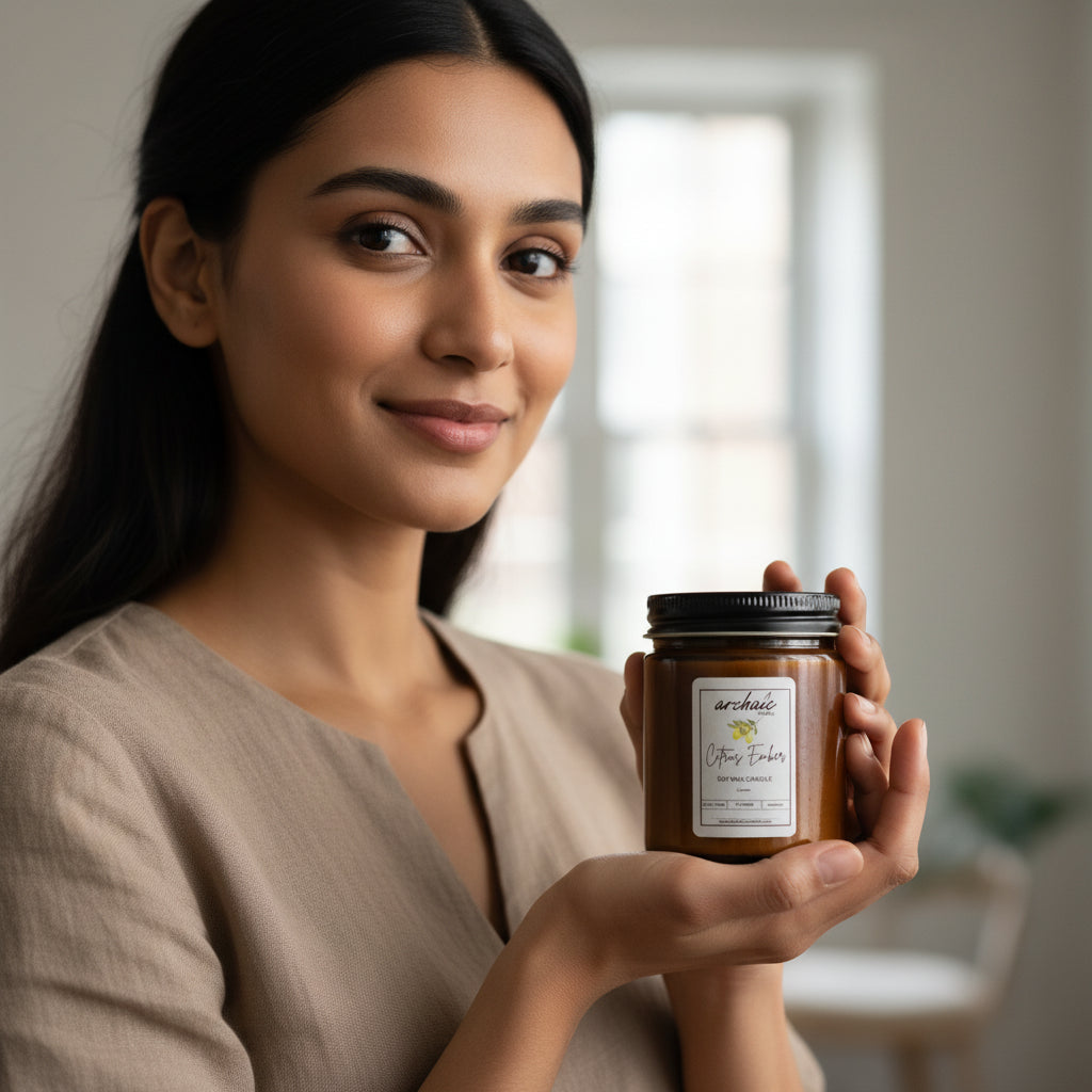Model holding Citrus Ember lemongrass soy wax candle, 100 gm amber jar, clean 24-hour burn