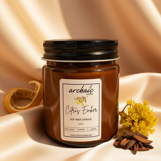 Citrus Ember lemongrass soy candle in amber jar, 100 gm, cotton wax-braided wick, 24-hour burn