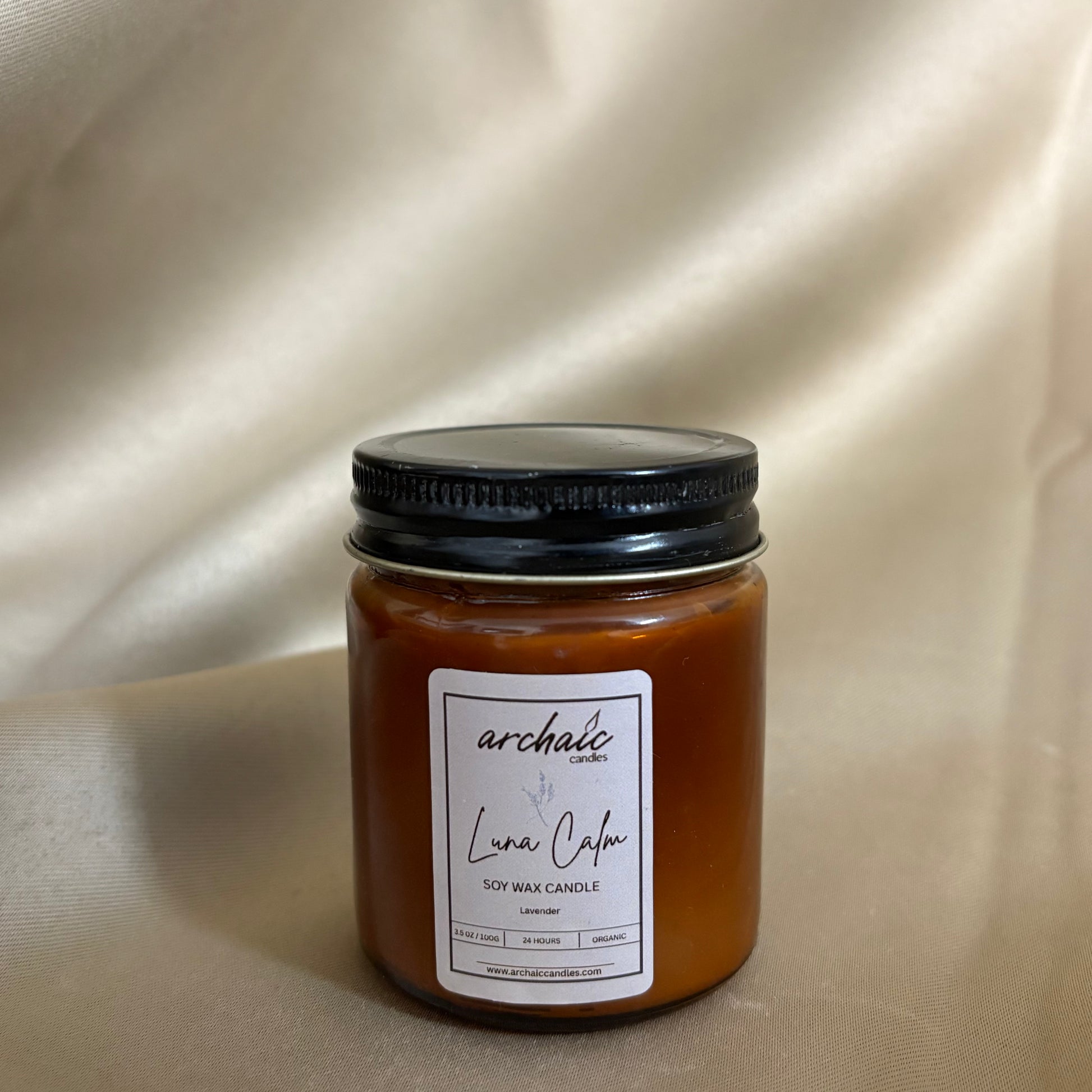 Close-up of cotton wax-braided wick on Luna Calm lavender soy candle, 100 gm