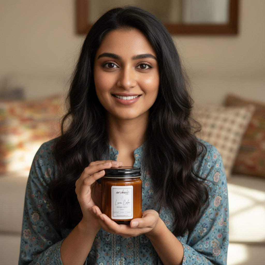Model holding Luna Calm lavender soy wax candle, 100 gm amber jar, clean 24-hour burn