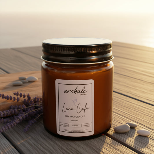 Luna Calm lavender soy candle in amber jar, 100 gm, cotton wax-braided wick, 24-hour burn
