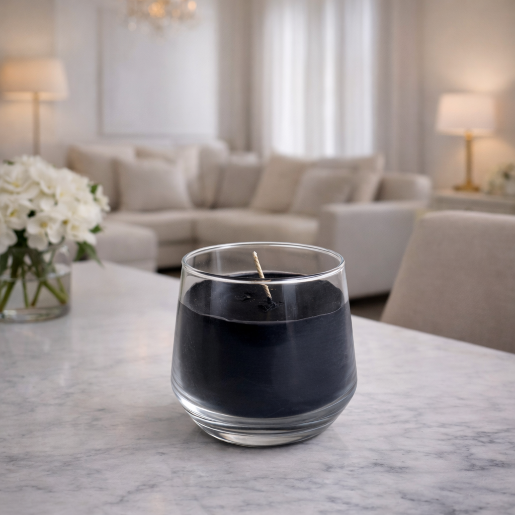 midnight noir black soy wax candle in glass tumbler sofa