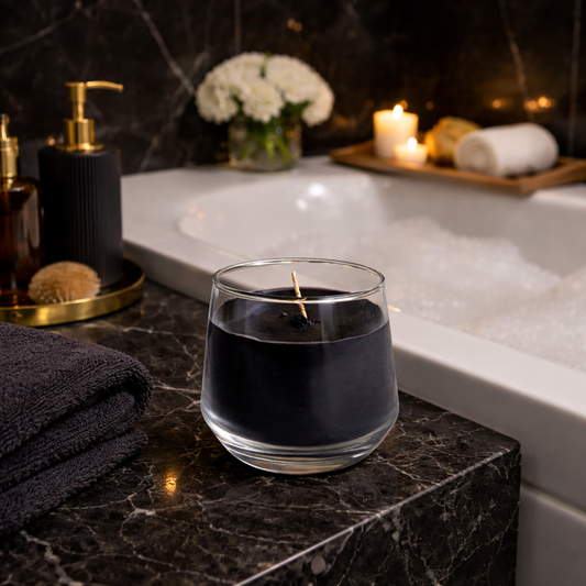 midnight noir black soy wax candle in glass tumbler Bathroom