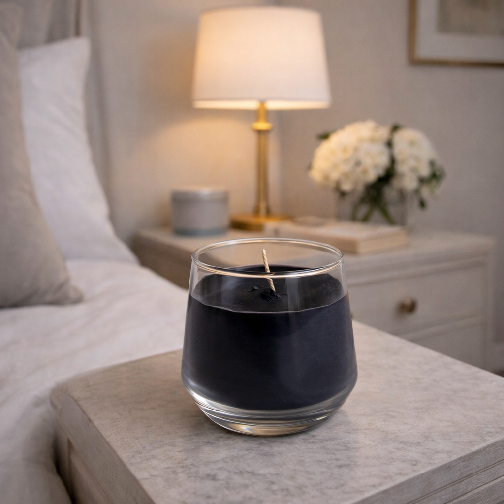 midnight noir black soy wax candle in glass tumbler Bedroom