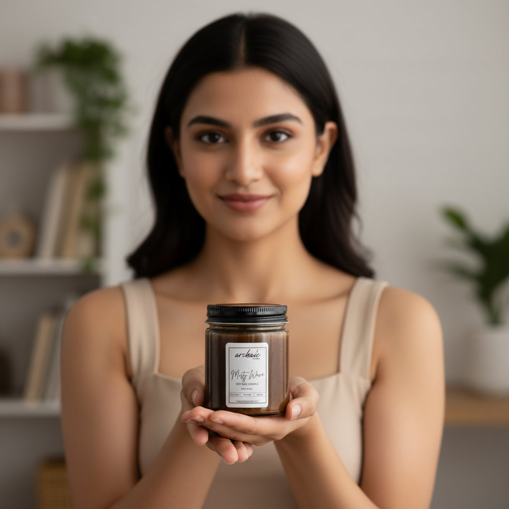 Model holding Misty Wave ocean breeze soy wax candle, 100 gm amber jar, clean 24-hour burn