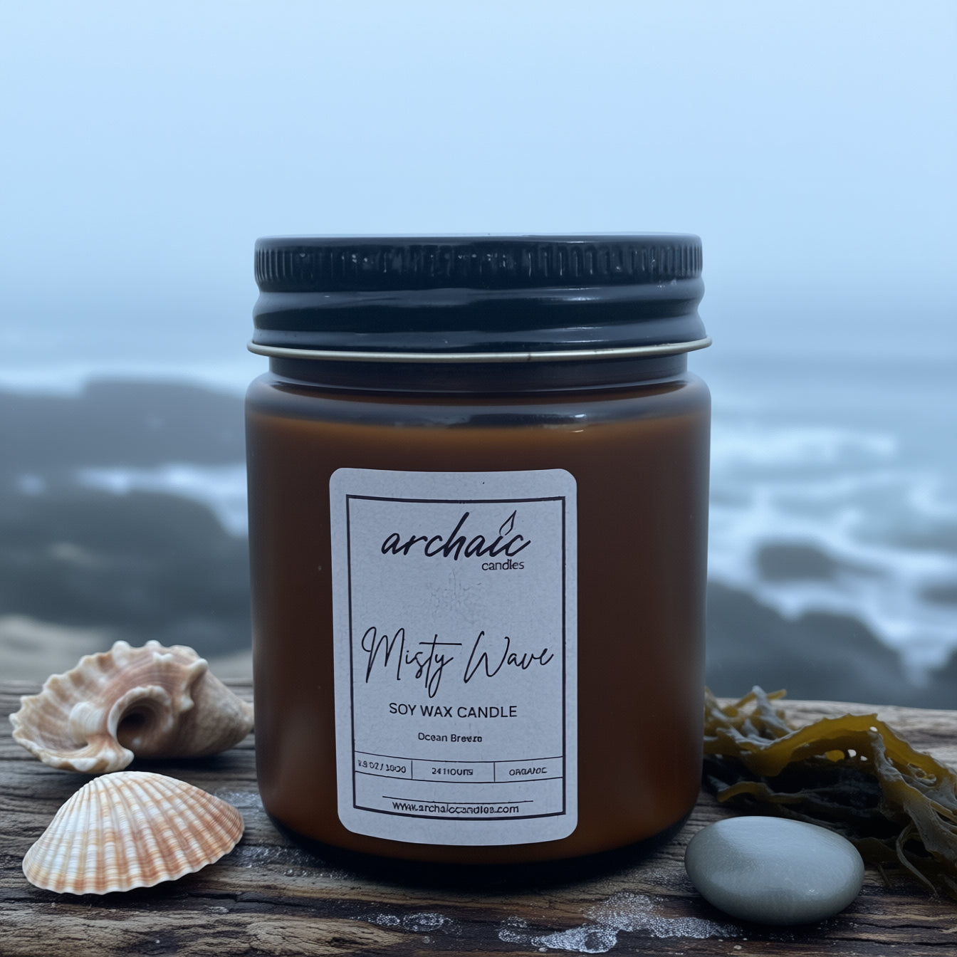 Misty Wave ocean breeze soy candle in amber jar by the sea, 100 gm, cotton wax-braided wick, 24-hour burn