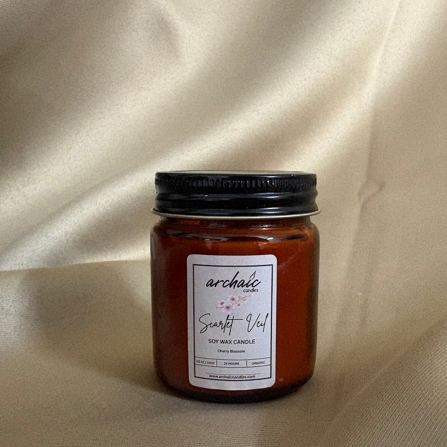 Scarlet Veil cherry blossom soy wax candle in amber glass jar, 100gm, cotton wax threaded wick, ~ Up to 24-hour burn time