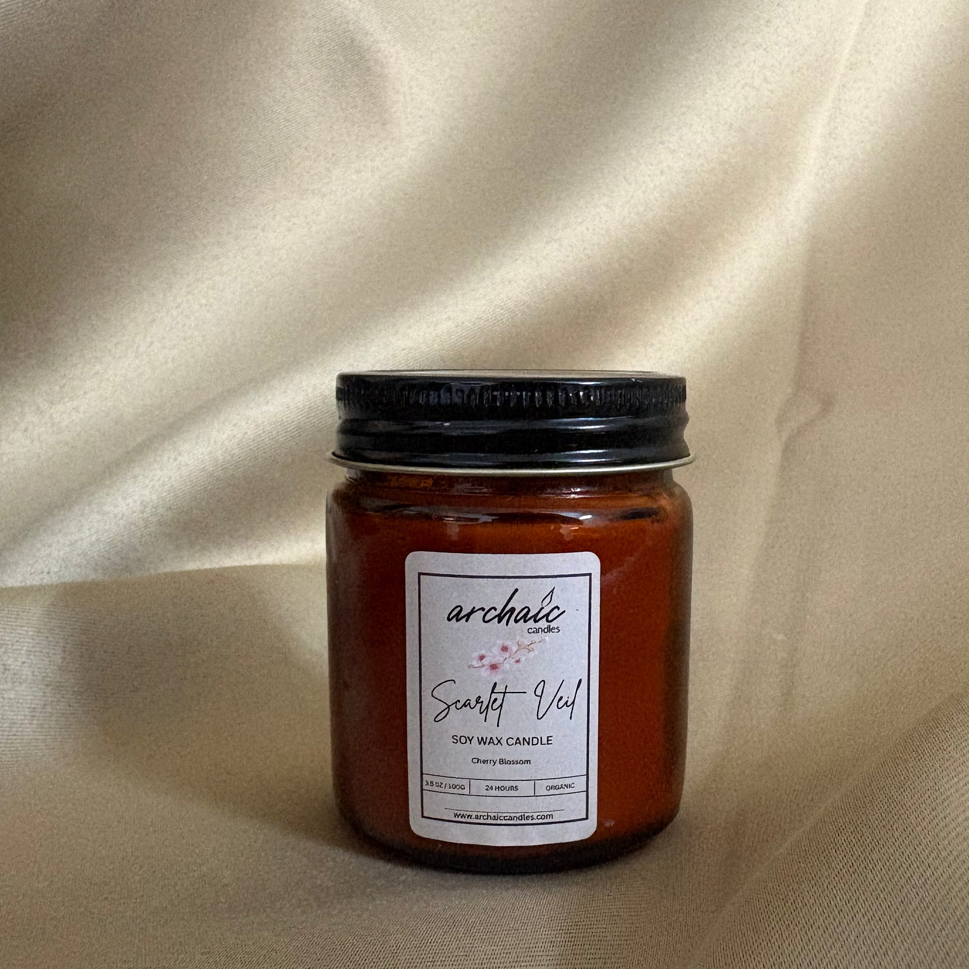Scarlet Veil cherry blossom soy wax candle in amber glass jar, 100gm, cotton wax threaded wick, ~ Up to 24-hour burn time