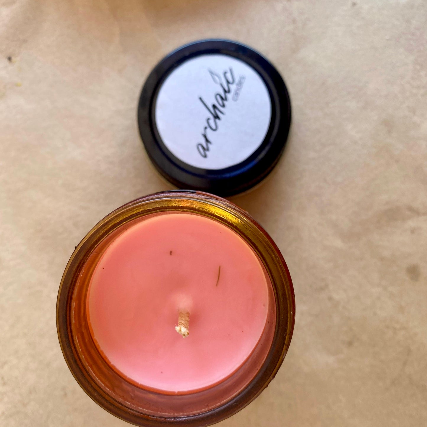 Scarlet Veil cherry blossom soy wax candle in amber glass jar, 100gm, cotton wax threaded wick Top View, ~ Up to 24-hour burn time