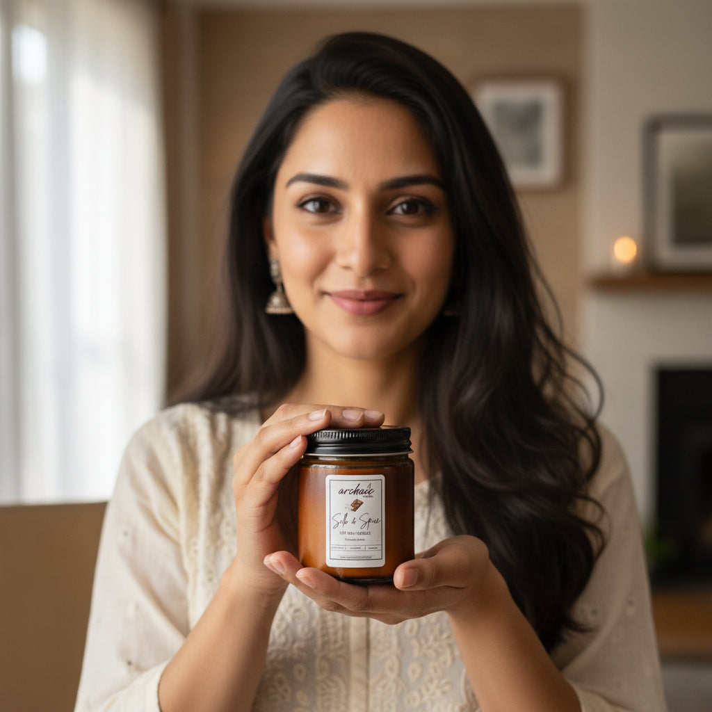 Model holding Silk & Spice chocolate truffle soy candle, 100 gm amber jar, clean 24-hour burn