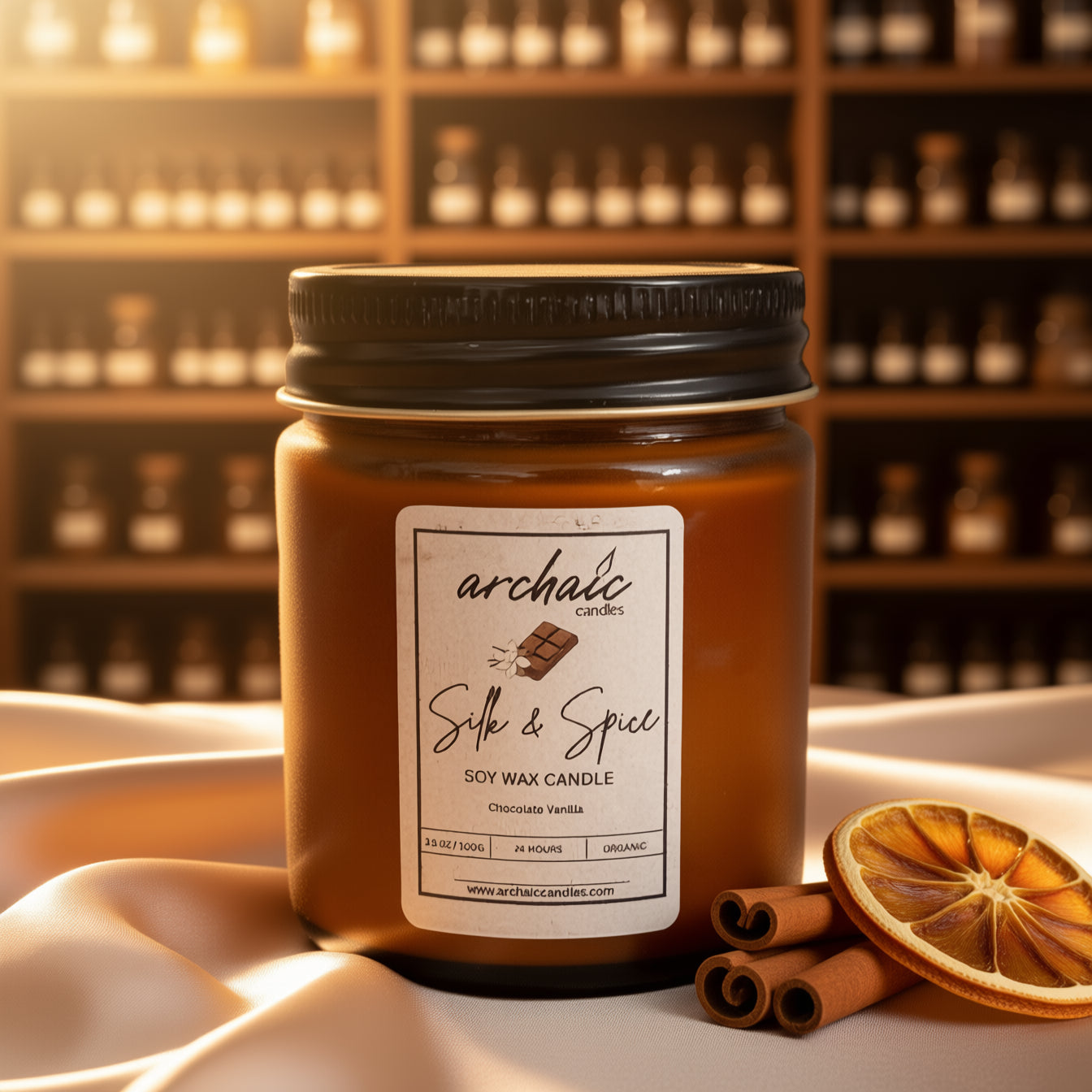 Silk & Spice chocolate truffle soy candle in amber jar, 100 gm, cotton wax-braided wick, 24-hour burn