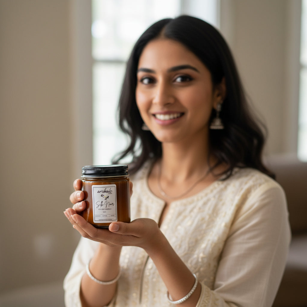 Model holding Silk Noir vanilla soy wax candle, 100 gm amber jar, clean 24-hour burn
