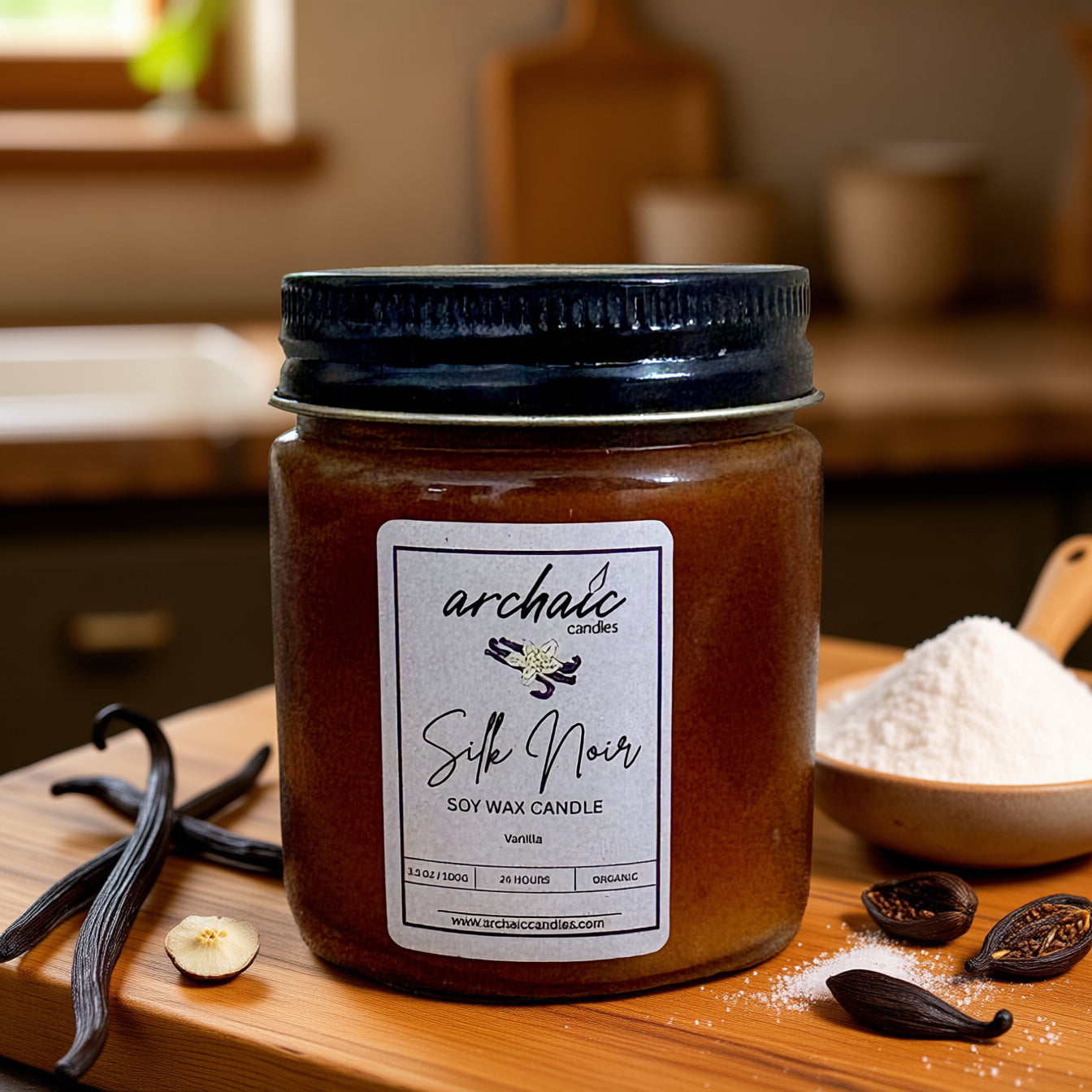 Silk Noir vanilla soy candle in amber jar, 100 gm, cotton wax-braided wick, 24-hour burn