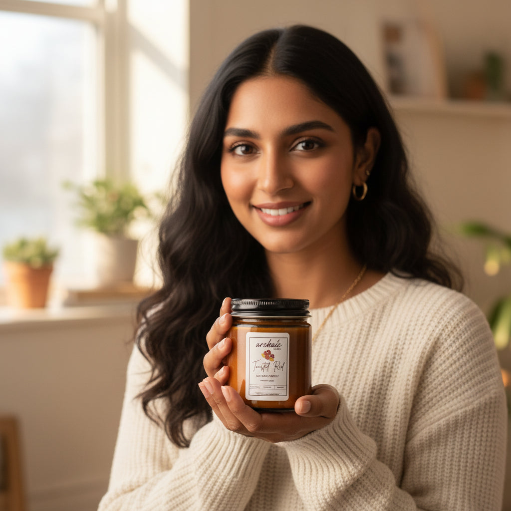 Model holding Twisted Red cranberry apple soy wax candle, 100 gm amber jar, clean 24-hour burn