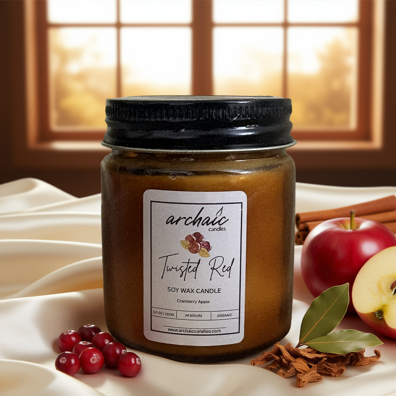 Twisted Red cranberry apple soy candle in amber jar, 100 gm, cotton wax-braided wick, 24-hour burn