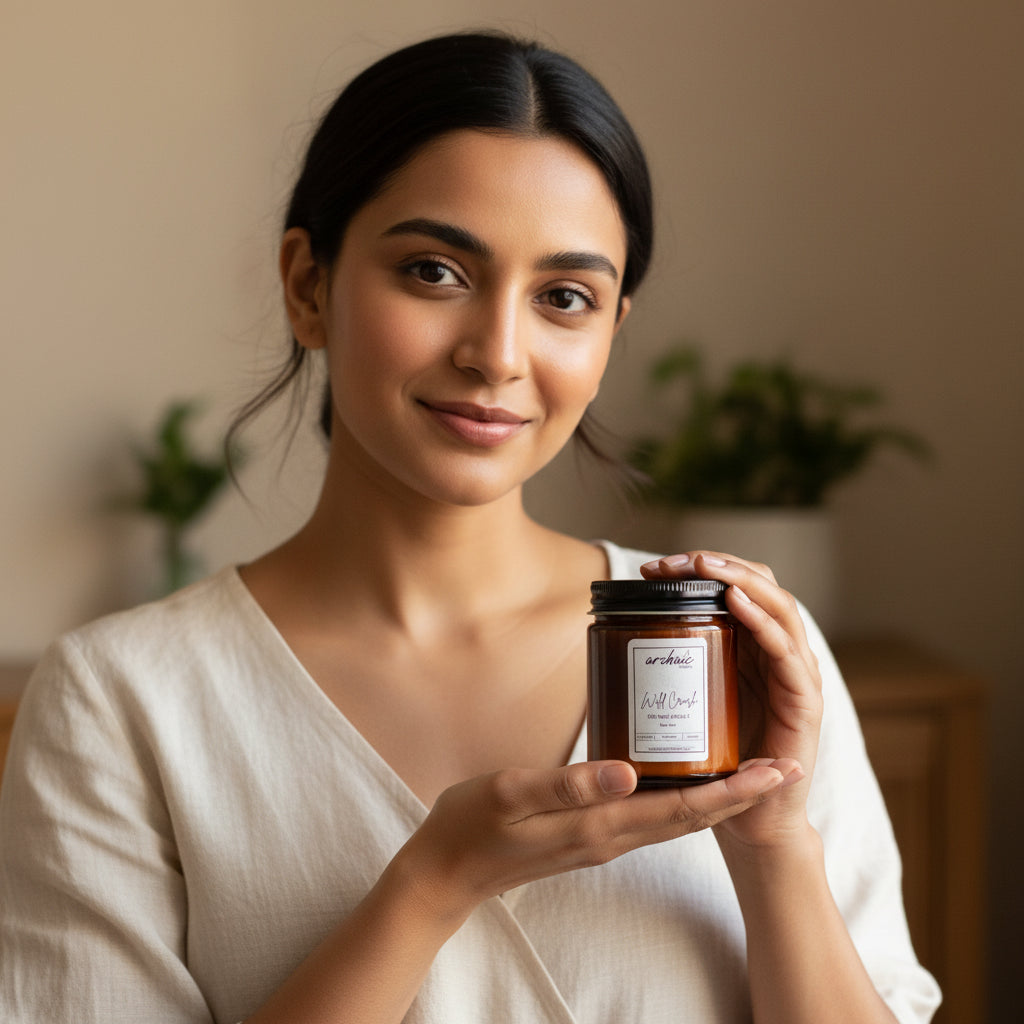 model holding Berry Blast soy wax candle amber glass, gift-ready