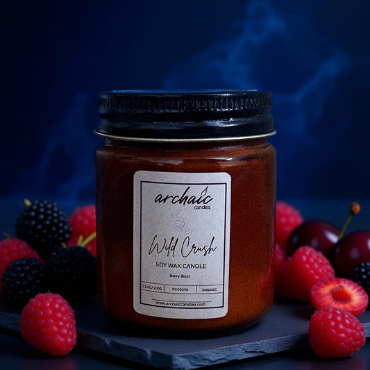 Wild Crush Berry Blast soy candle in amber jar, 100gm, cotton wax-braided wick